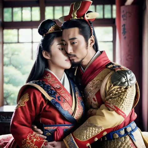 ((Highest quality)), ((masterpiece)), (detailed), （Perfect Face）、The woman is Tiare and has medium-long black hair.、The woman is a beautiful ancient Chinese military commander who was chosen by the emperor and is now a bride at her wedding.、The woman is be...