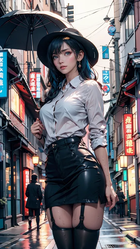 (Highest quality, masterpiece: 1.3), One girl, Wet day, fog, alley, Hold an umbrella, Large and transparent umbrella, Looking at the audience, Blue Hair, Towards the photo, サイbarパンクシティ, alone in the alley, neon in the alley, A very reflective city, Long Ha...