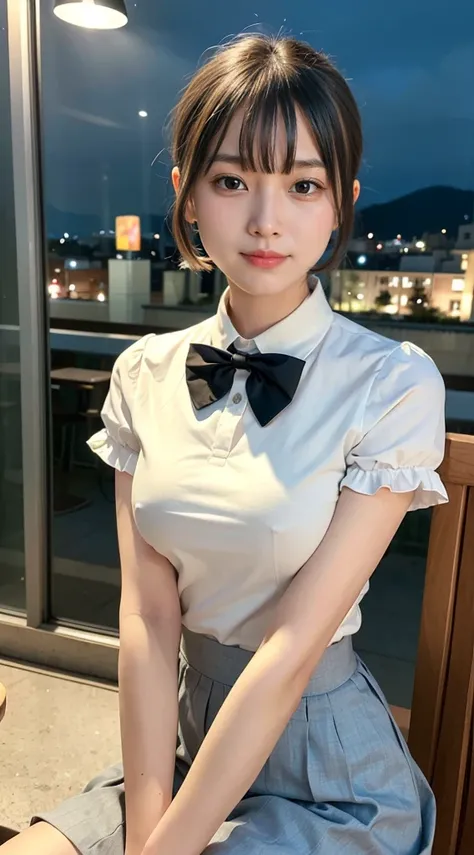 (8k, RAW photo, best quality, masterpiece:1.2), (realistic, photo-realistic:1.37), ultra-detailed, 1 girl,cute, solo,beautiful detailed sky,detailed cafe,night,sitting,dating,(nose blush),(smile:1.1),(closed mouth), medium breasts,beautiful detailed eyes,(...