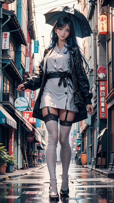 (Highest quality, masterpiece: 1.3), One girl, Wet day, fog, alley, Hold an umbrella, Large and transparent umbrella, Looking at the audience, Blue Hair, Towards the photo, サイbarパンクシティ, alone in the alley, neon in the alley, A very reflective city, Long Ha...