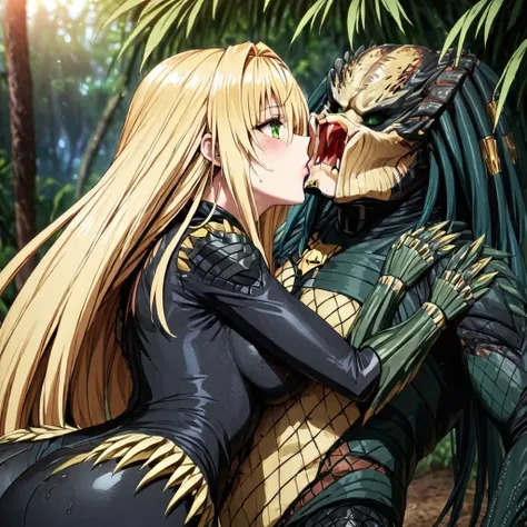 ((Highest quality)), ((masterpiece)), (detailed), （Perfect Face）、The woman is Tiare, a female predator with green eyes and medium-long blonde hair, wearing a black predator bodysuit.、In the jungle, she is having sex with a predator while hugging and kissin...