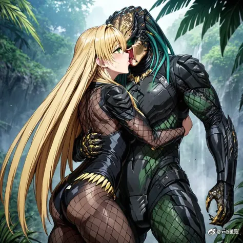 ((Highest quality)), ((masterpiece)), (detailed), （Perfect Face）、The woman is Tiare, a female predator with green eyes and medium-long blonde hair, wearing a black predator bodysuit.、In the jungle, she is having sex with a predator while hugging and kissin...