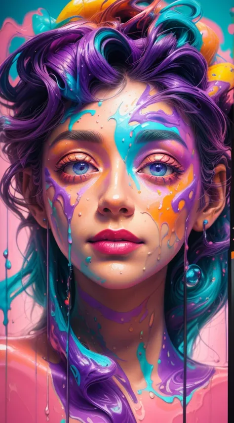 a close up of a sculpture of a woman with purple and orange paint, dripping with color, face submerged in colored oils, 3d digital art 4k, colorful melting human head, vibrant colors hyper realism, cute digital art, color Art, Beeple e Jeremias Ketner, vib...