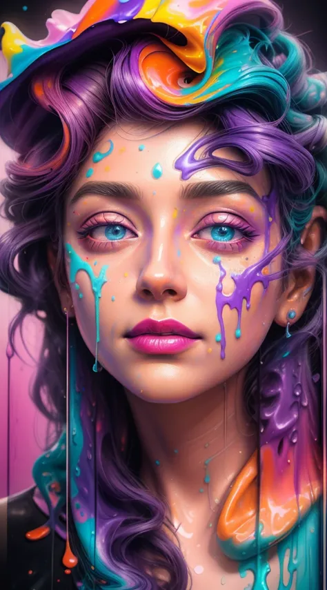 a close up of a sculpture of a woman with purple and orange paint, dripping with color, face submerged in colored oils, 3d digital art 4k, colorful melting human head, vibrant colors hyper realism, cute digital art, color Art, Beeple e Jeremias Ketner, vib...