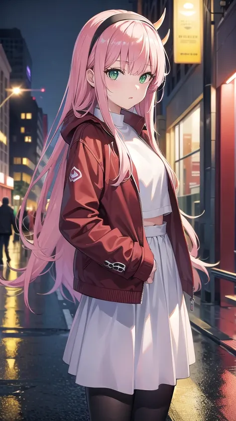 zerotwo, zero two, (green eyes:1.5), hairband, horns, long hair, pink hair, red horns, white hairband,
BREAK jacket, leggings, red jacket, white footwear,white crop top,
BREAK indoors, classroom,BREAK looking at viewer, (cowboy shot:1.5),BREAK (masterpiece...