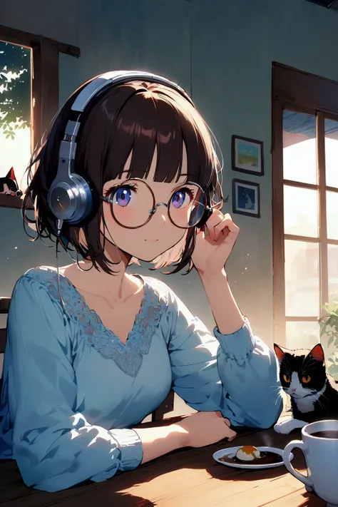 (extremely detailed fine touch:1.3), (((semi-rimless round eyewear:1.3))), (headphone:1.2), short hair, blunt bangs, 1 girl, In the morning, there is a bright morning sun drinking coffee at the dining table, and there is a cat.