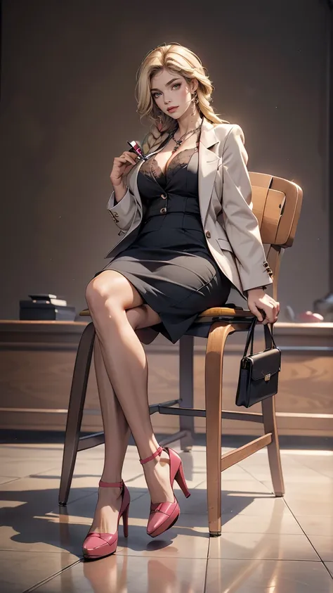 Attractive 27 year old woman, blonde Hair, long hair, braids, Pink inner color((colored inner hair)), Wear sexy business jacket and pencil skirt, cleavage, Wearing platform heels, smile, Sexy proportions, (sitting in chair:1.2), (legs crossed:1.3), in law ...