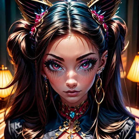 1 girl, solo, red eyes, cat ears, brunette, wavy hairstyle, wearing bottom lip pierce, wearing earrings, wearing a black velvet choker, wearing a black velvet lingerie, lower angle, sitting on throne, long eyelashes