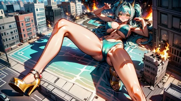 Giantess with firm , long sexy legs, yellow hair and in bikini is lying on the ground, while the city at her feet burns in flames for the destruction she has caused, while people run away from her, so as not to die crushed by her heels. Giantess, goddess, ...