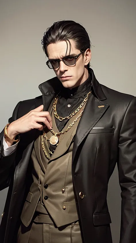 Frankensteins Monster, Rotten, Wearing black glasses, Gold watch, Thick gold chain, Wearing an old suit, ((Super detailed)), (Not duplicated)