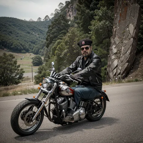 One man from the American Mc Chopper motorcycle gang sits rear-facing on a chopper.