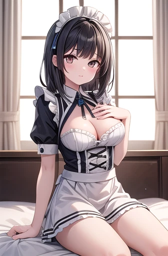 Solo Girl, 20-year-old,, Medium Hair, Black Hair, Brown eyes, Center of chest, Highest quality, High resolution, Very detailed, Detailed Background, Perfect lighting、Sitting on the bed with legs spread、Extreme maid outfit、very cute、Your breasts will get bi...