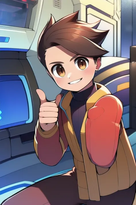 masterpiece,best quality,(1 boy),Light_mm,Brown hair,Spiked Hair,Blue headband,Brown eyes,turtleneck sweater,Orange Jacket,White long sleeve shirt,Black shorts,Smile,confident,(thumbs up),outdoor,town,Science fiction,Cowboy shooting,