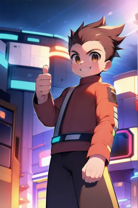 masterpiece,best quality,(1 boy),Light_mm,Brown hair,Spiked Hair,Blue headband,Brown eyes,turtleneck sweater,Orange Jacket,White long sleeve shirt,Black shorts,Smile,confident,(thumbs up),outdoor,town,Science fiction,Cowboy shooting,