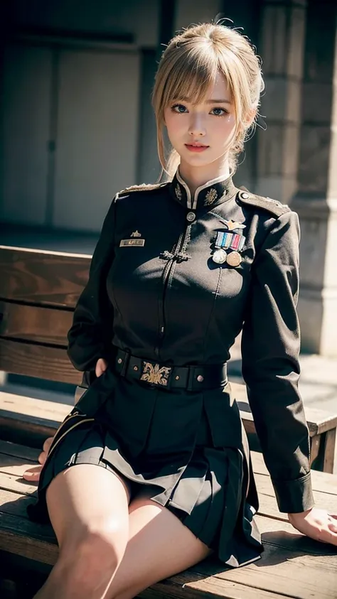 An innocent 25-year-old girl、((German Officer Commander, Sexy Officer Commander Uniform, skirt, Cute and elegant, Dramatic Pose)),smile,Night city background,shortcut、RAW Photos, (8K、Highest quality、masterpiece:1.2)、(Intricate details:1.4)、(Photorealistic:...