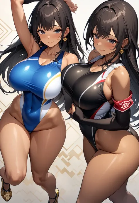 (masterpiece), (best quality), (Extremely detailed),Extremely detailed CG unity 8k wallpaper,Official Art,Expressive eyes,Solitary, (Arm stretch, Smile 1.2), (1 Girl, Mature female, Large Breasts, Big Ass，Black Hair, Long hair, black eyes, Dark-skinned wom...