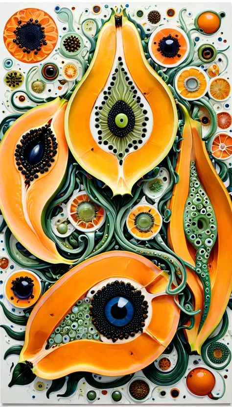 Sliced Papaya、woodpeckesh、Tentacles、tadpole、Eye、diatom，Abstract mosaic painting，Sense of space，White Space，interesting，Innocence，Psychedelic Art，Orange overall