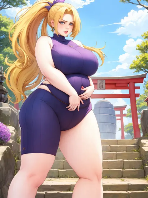 (masterpiece, best quality:1.2), 1girl, solo,mature_lady, delicate face,detail eyes,floating hair,medium breasts, (Tight Combat Suit:1.2),,tsunade_(naruto),Wallpaper Fusion, dappled sunlight, day light rays, nature, outdoors, path, plant, purple flower, sc...