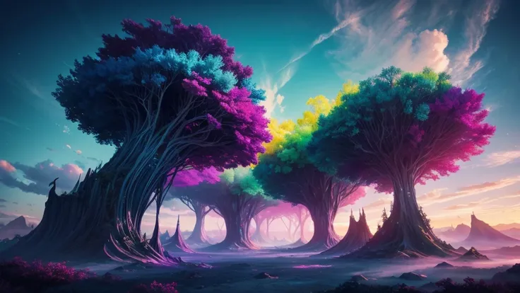 "Generate an ethereal and surreal landscape with vibrant colors and fantastical elements."