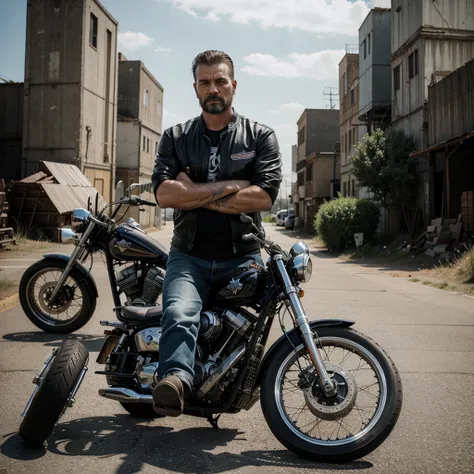 A man from an American motorcycle gang stands with his arms crossed next to a chopper.