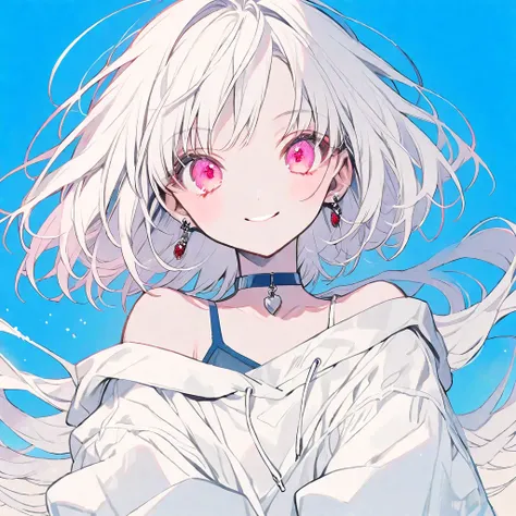 solo, handsome, monotone,
1. Female,
Hime cut,Straight Hair,Bob Hair, pigtails,
White hair, blue ribbon,
Nakano Yotsuba,
pink Eyes,Soft look,beautiful,beautiful,Sexy,Lots of silver earrings,choker,
White Off Shoulder,White Distressed jeans, hoodie ,smile,s...