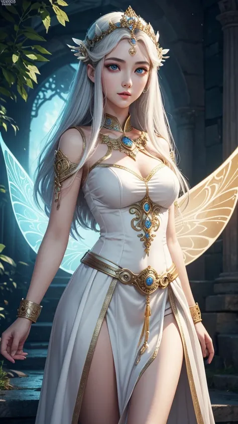 Ancient myth girl, fairy tales, detailed and fair white skin, professional light works, highly realistic, high resolution, 3d,cute ,tall, symmetrical face, slim waist, high pixel,no body part revealing, well dressed, matching eye colour with dress