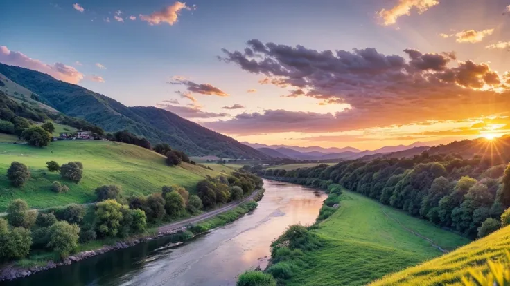 "Generate a serene landscape video featuring rolling hills, a vibrant sunset, and a tranquil river flowing through lush greenery."