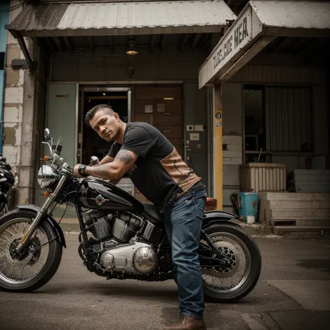 A guy from an American Mc motorcycle gang stands with his back and arms crossed next to a chopper.