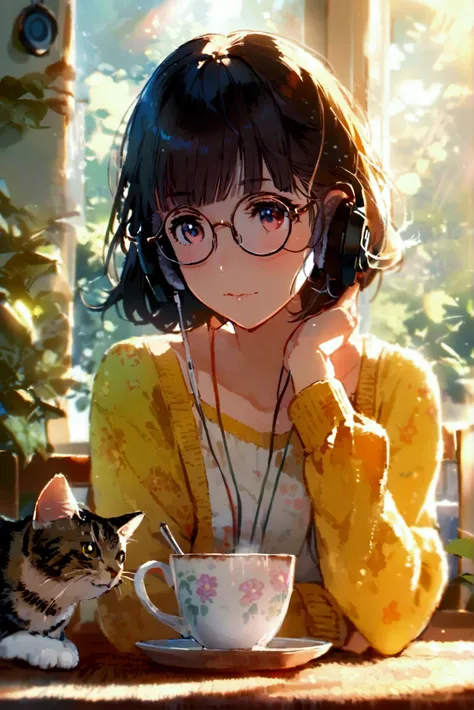 (extremely detailed fine touch:1.3), pastel collar, (((semi-rimless round eyewear:1.3))), (headphone:1.2), short hair, blunt bangs, 1 girl, In the morning, there is a bright morning sun drinking coffee at the dining table, and there is a cat.