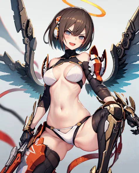 fantasy, 1angel_girl,(young_teen:1.5), ,brown_hair, medium_bob_hair, long_bangs, halo,bare_shoulder,thighhighs,silver_armor, waist_armor, large_breasts,angry,grinning,open_mouth_teeth, 1pair_wings, dynamic_pose_fighting,floating, bare_crotch, headgear,gaun...