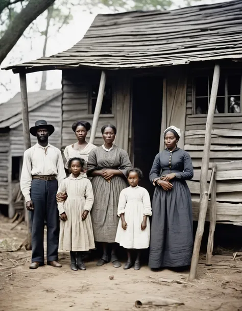 a black slave family during the american civil war、parents、and three young children、shack