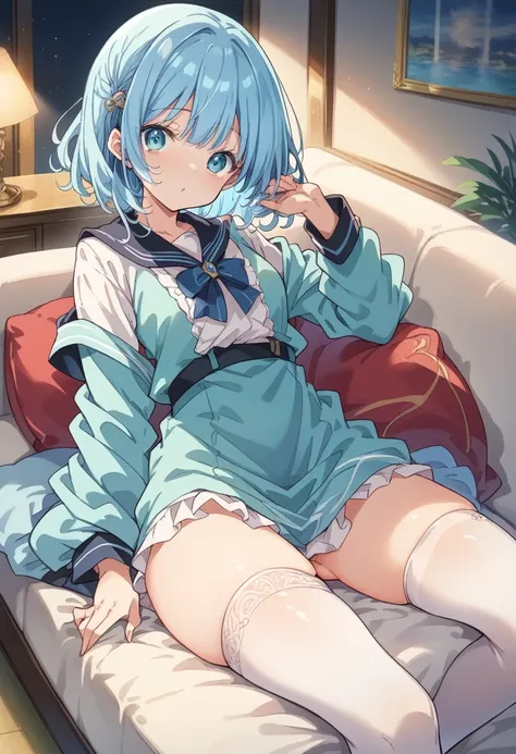 BREAK Perfect Anatomy、(High resolution:1.2)、Incredible illustrations、(Cute illustrations:1.2)、 （Beautiful background（on the couch)) 1 girl(Curly short cut, aqua hair)(シークレットモーニングポストグリーンティーカラーレトロスイートクールベスト,シャツ,クロップドパンツ)