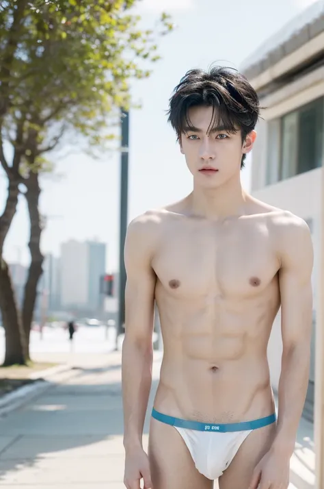 Eine hyperrealistische, 20 year old boy with white skin, light blue eyes, Dark eyebrows, show abs, topless, , shirtless, Athletic Body Spiky Hair,Serious male thoughtful observer wearing white thong, Mokkori, winter, outdoor, city