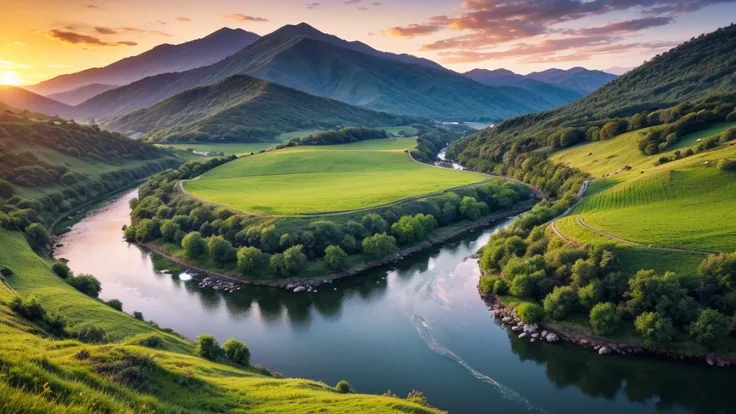 "Generate a serene landscape video featuring rolling hills, a vibrant sunset, and a tranquil river flowing through lush greenery."