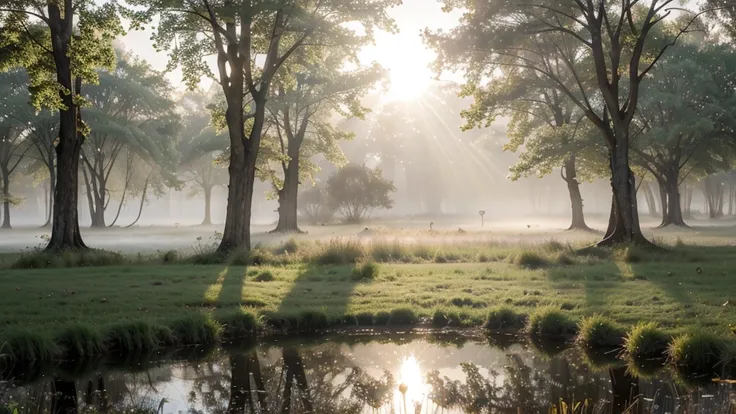 dawn, thick fog over a pond in the park, the suns rays break through the fog