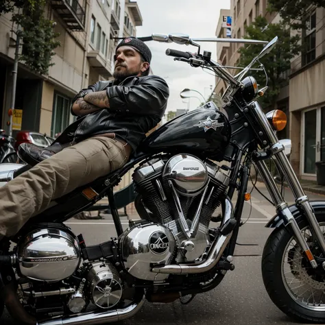 A guy from an American Mc motorcycle gang sits backwards on a chopper.