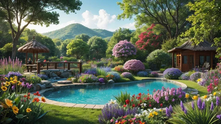 "Create a vibrant and diverse natural scene showcasing flora and fauna in harmony."