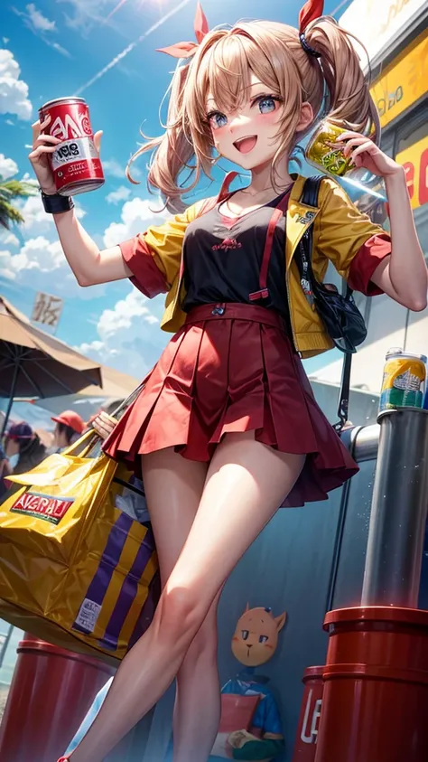 Holding an energy drink in one hand,、A cheerful older sister