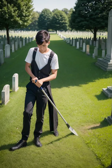 A young man in simple clothes cutting grass in the cemetery 