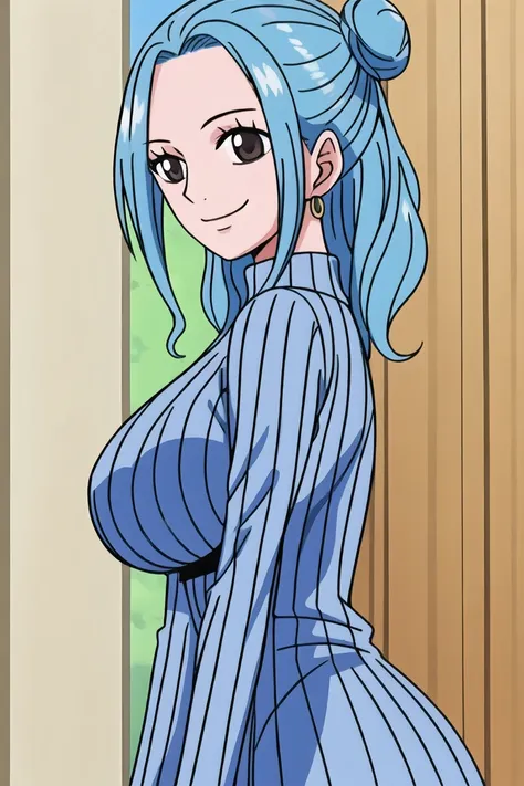 1girl, smile, close up, castel, blue hair, back focus,happy,turtleneck,clothing aside,double vertical stripe.double bun,from sid...