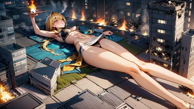 Giantess with firm , long sexy legs, yellow hair and in bikini is lying on the ground, while the city at her feet burns in flames for the destruction she has caused, while people run away from her, so as not to die crushed by her heels. Giantess, goddess, ...