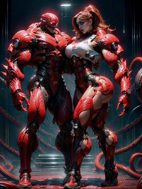 (beautiful girl:1.25), (megan fox:1.25), (young bodybuilder girl wearing cybernetic muscle suit:1.25), carnage muscular physique, seductive face, mouth wide open carnage style, long red hair, perfect muscular body, super skinny legs, sissy, femboy, (carnag...