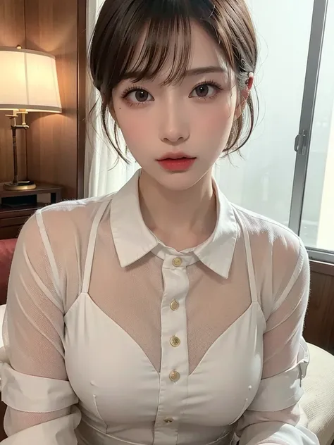 highest quality、masterpiece、ultra high resolution、8K、(real:1.4)、Beautiful woman１、Beautiful details of eyes and skin、light brown short cut hair、Among modern skyscrapers、Asahi、Multicolored dress shirt、