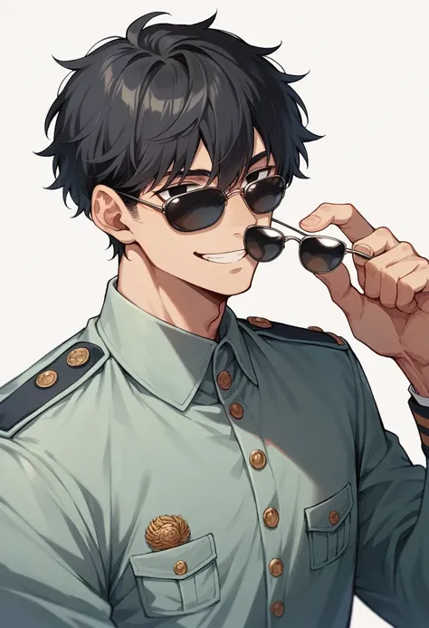 1 boy, black hair large shoulder tied in a man bun , black eyes, clear skin, place sunglasses over your eyes, uniform school japanese, smiling