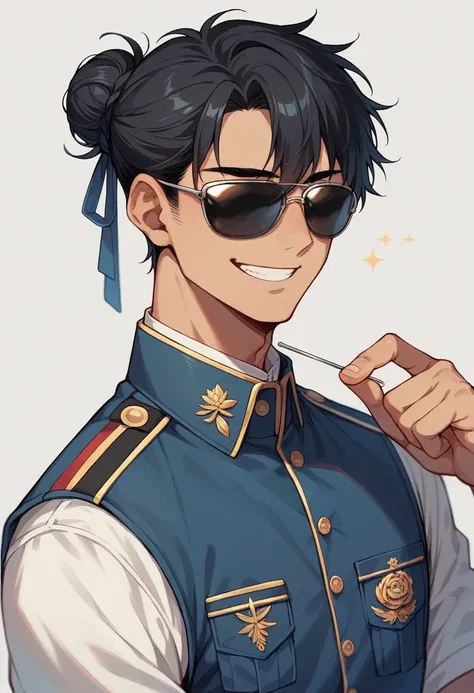 1 boy, black hair large shoulder tied in a man bun , black eyes, clear skin, place sunglasses over your eyes, uniform school japanese, smiling