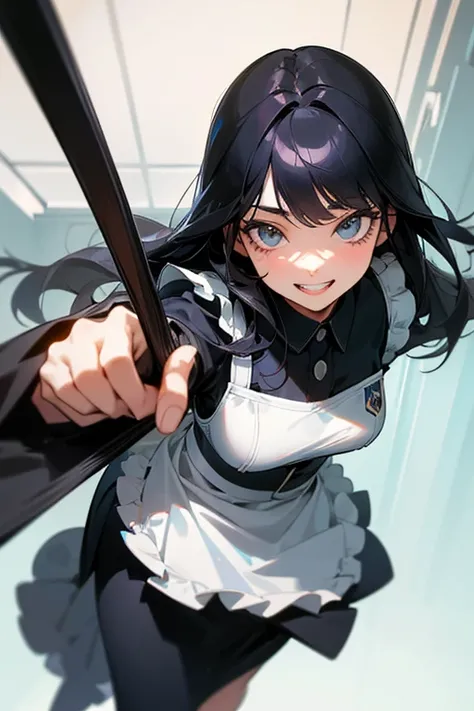 (Highest Resolution, clear_image) Highest quality, single, One Woman, alone, masterpiece, Very detailed, Semi-realistic, Black Hairのショートヘア, Black Hair, bangs, 18-year-old, mature, light blue uniform, uniform, Indoor Background, kind, Authoritative, Powerfu...