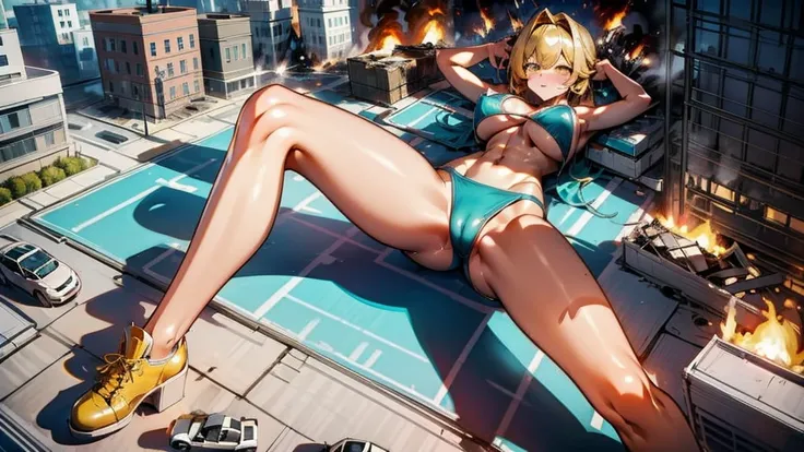 Giantess with firm , long sexy legs, yellow hair and in bikini is lying on the ground, while the city at her feet burns in flames for the destruction she has caused, while people run away from her, so as not to die crushed by her heels. Giantess, goddess, ...