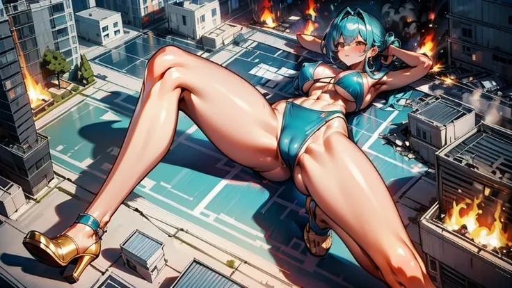 Giantess with firm , long sexy legs, yellow hair and in bikini is lying on the ground, while the city at her feet burns in flames for the destruction she has caused, while people run away from her, so as not to die crushed by her heels. Giantess, goddess, ...