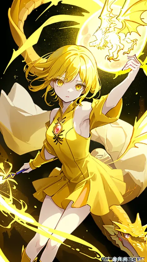 In a high fantasy world、Girl wearing yellow clothes　The girl, who is accompanied by a yellow dragon and has a lot of refined topaz, holds a magic wand in her left hand.