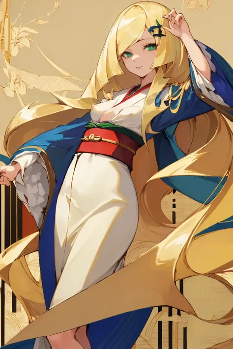 ((Highest quality)), ((masterpiece)), (Familiar), Lusamine,thin,Long blonde hair,Small breasts,Small breasts,Erect nipples,Adult female,Green Eyes,Slanted Eyes,kimono,華麗な赤いkimono,Gold embroidery,hairpin,Captivating smile